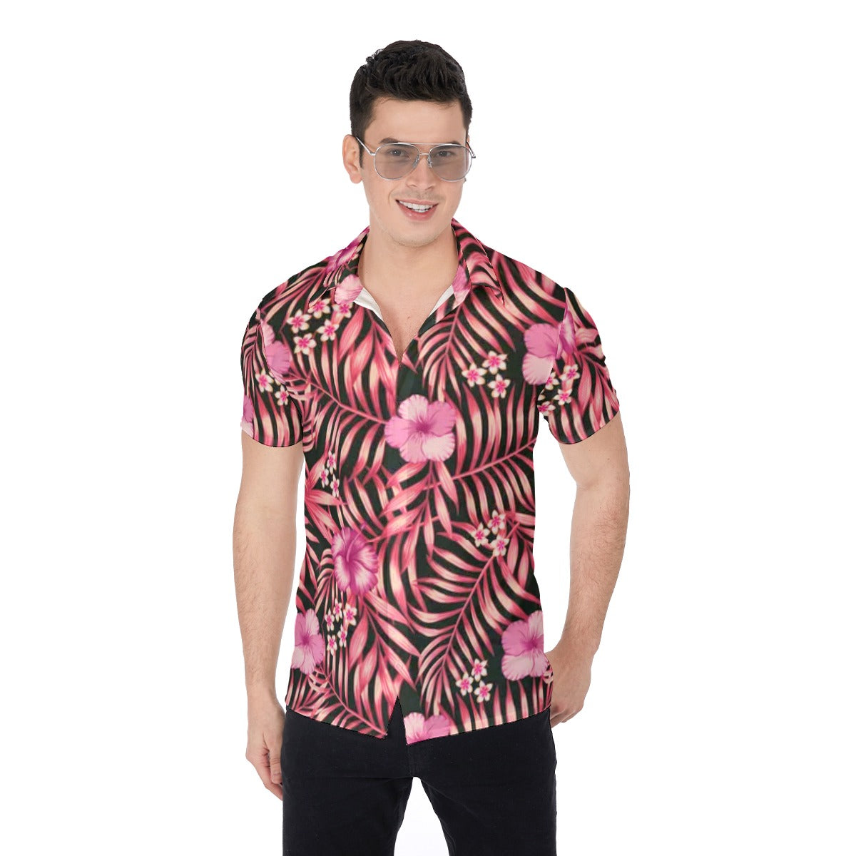 Pink Metallic Tropical Flowers & Leaves Men's Button Up