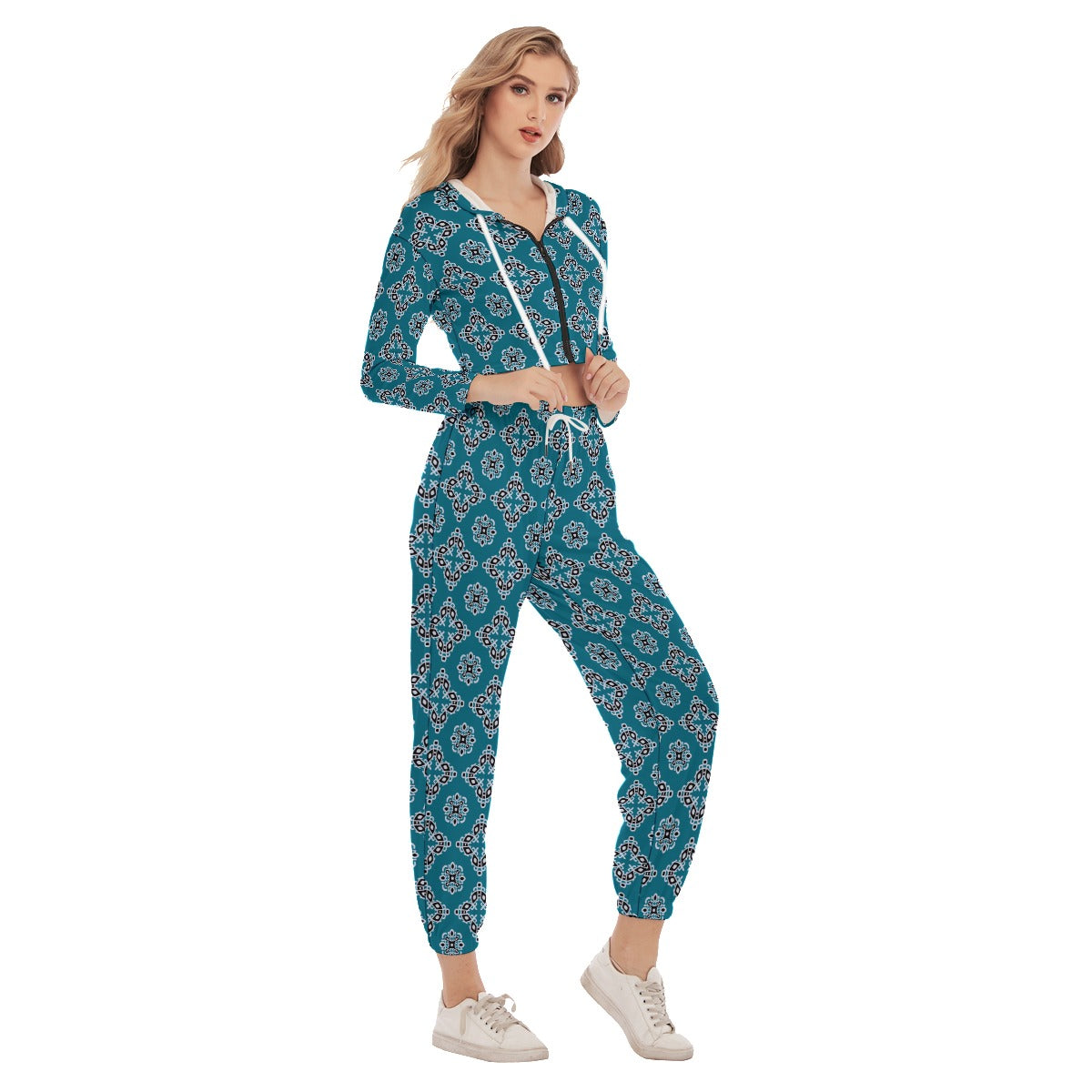 Blue Ethnic Tribal Women's Crop Hoodie Sports Sets