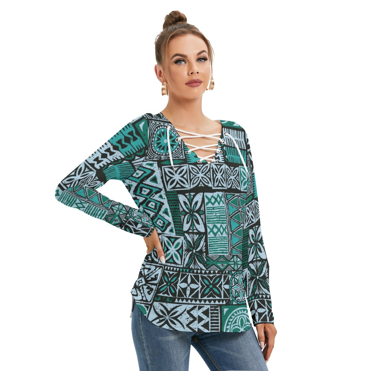 Hawaiian Style Women's Long Sleeve Neckline Tie Sweatshirt