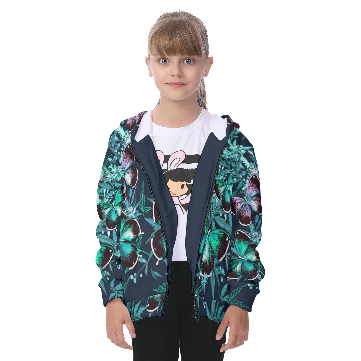 Cute Floral Butterflies Kid's Heavy Fleece Zip Up Hoodie