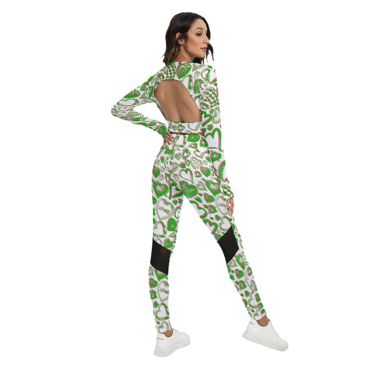 Women's Hearts Doodle Sport Set With Backless Top And Leggings