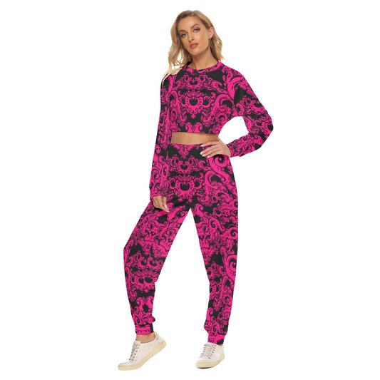 Pink & Black Baroque Pattern Women's Crop Sweatshirt Suit