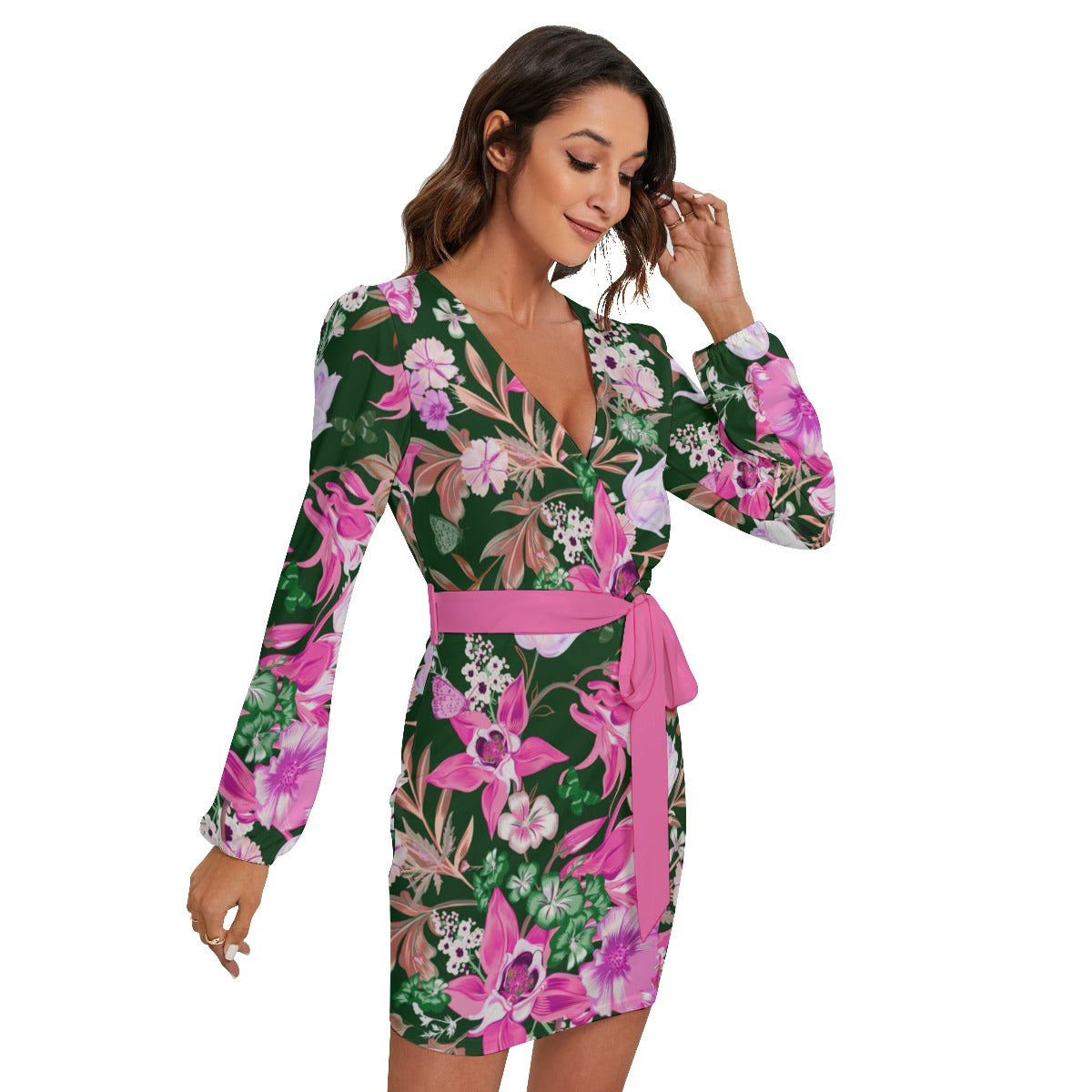 Watercolor Flowers Women's Long Sleeve Dress With Waist Belt