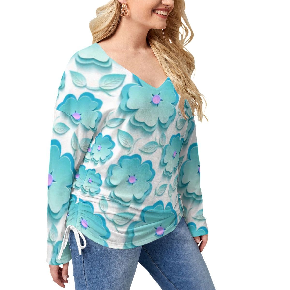 Light Blue Sakura Flowers & Leaves Women’s V-neck T-shirt With Side Drawstring(Plus Size)