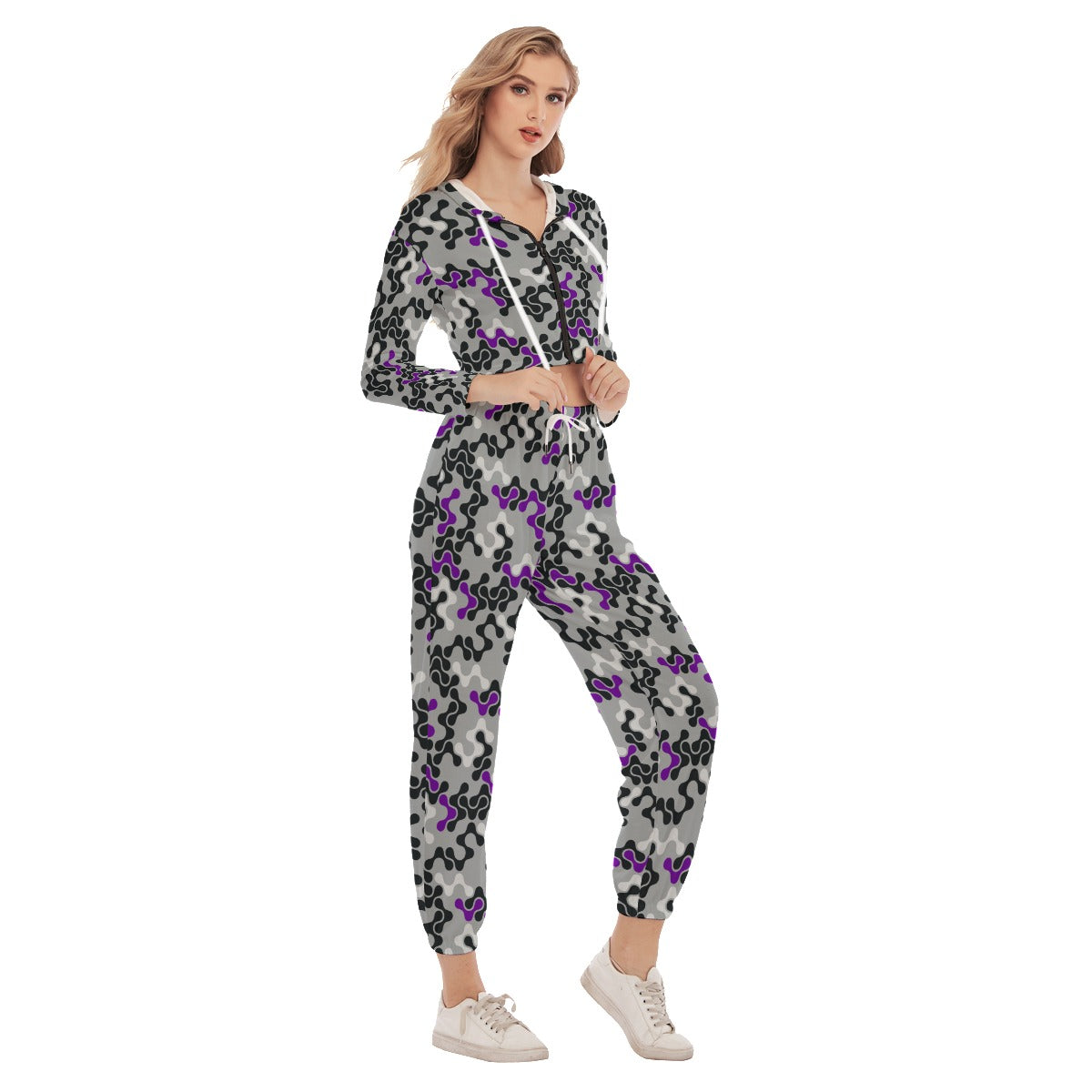 Purple, Black & White Abstract Women's Crop Hoodie Sports Sets