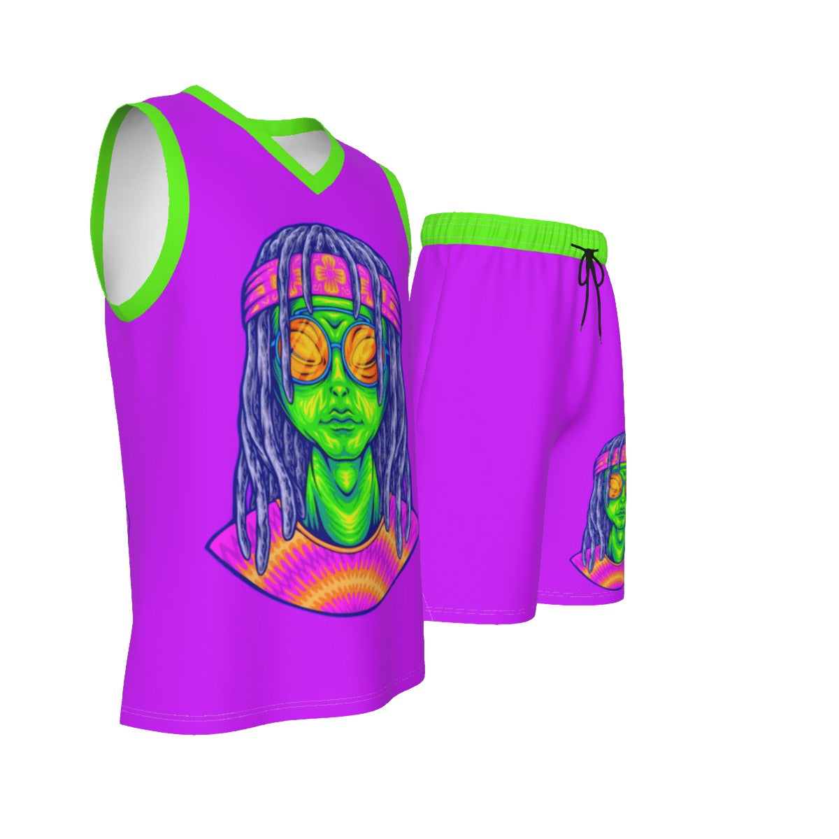 Psychedelic Alien With Dreads Men's V Neck Basketball Suit