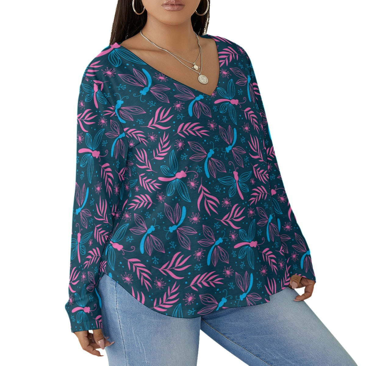 Colorful Dragonflies Leaves Women's V-neck T-shirt With Curved Hem(Plus Size)