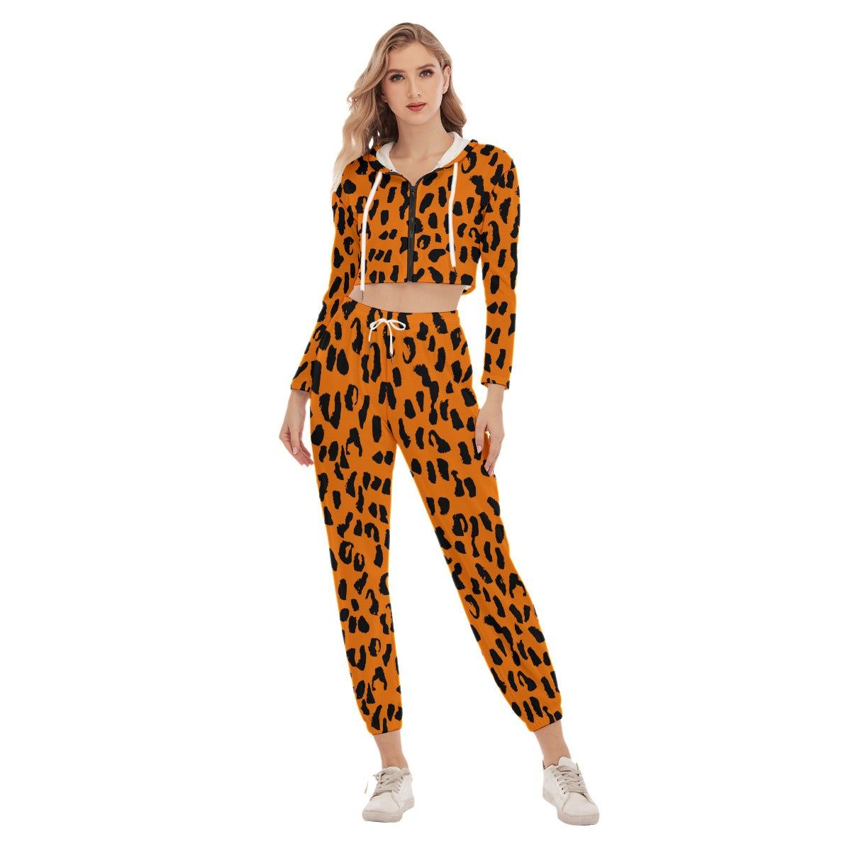 Bellafontes Orange & Black Animal Print Women's Crop Hoodie Sports Sets