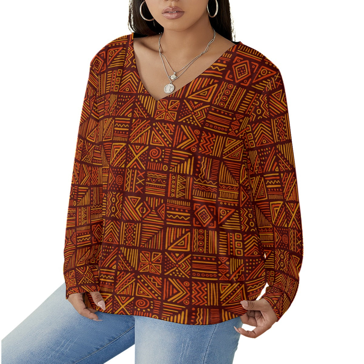 African Vibes Women's V-neck T-shirt With Curved Hem(Plus Size)