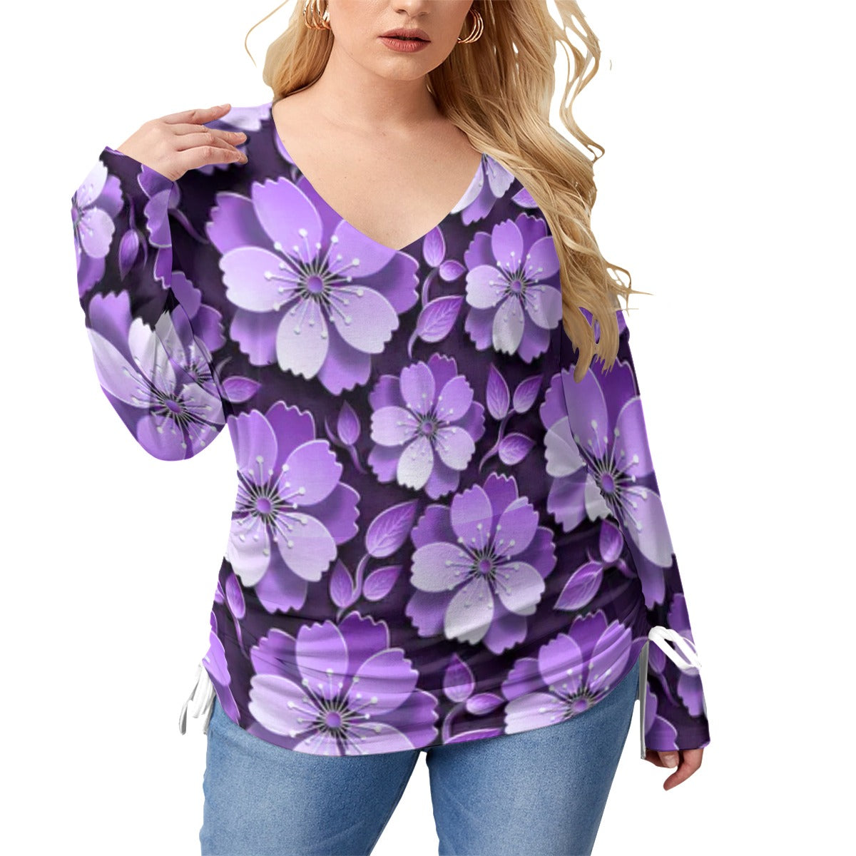 Black With Purple Cherry Blossoms Women’s V-neck T-shirt With Side Drawstring(Plus Size)