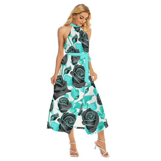 Beautiful Roses Women's Wrap Hem Belted Halter Dress