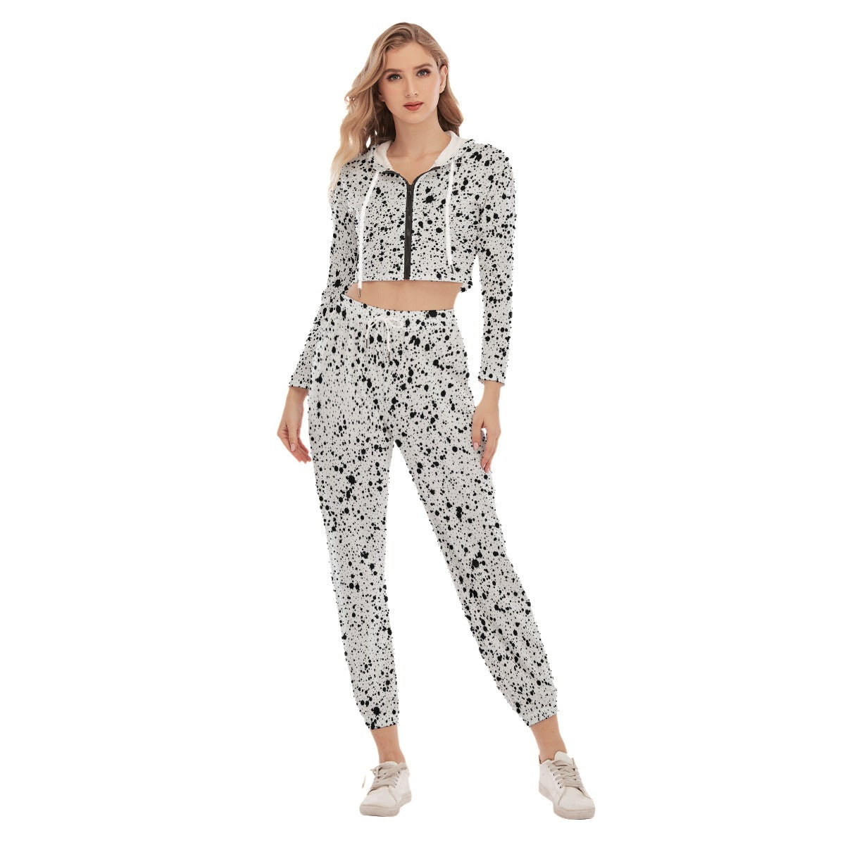 White With Black Ink Splashes & Blots Women's Crop Hoodie Sports Sets