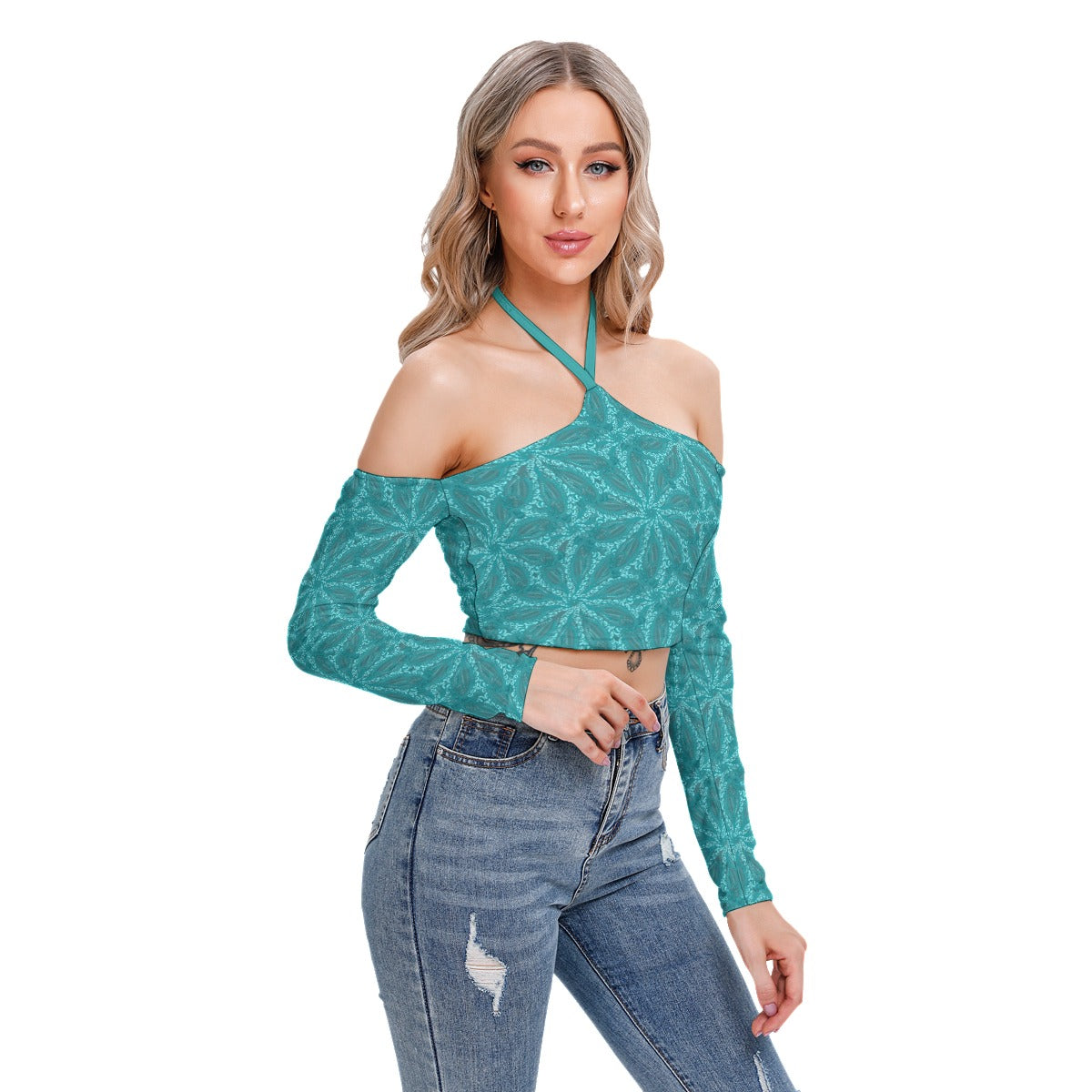 Teal Abstract Women's Halter Lace-up Top