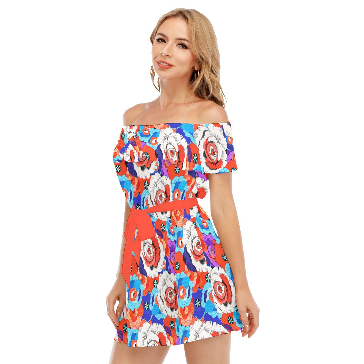 Colorful Roses Women's Off-shoulder Dress With Ruffle