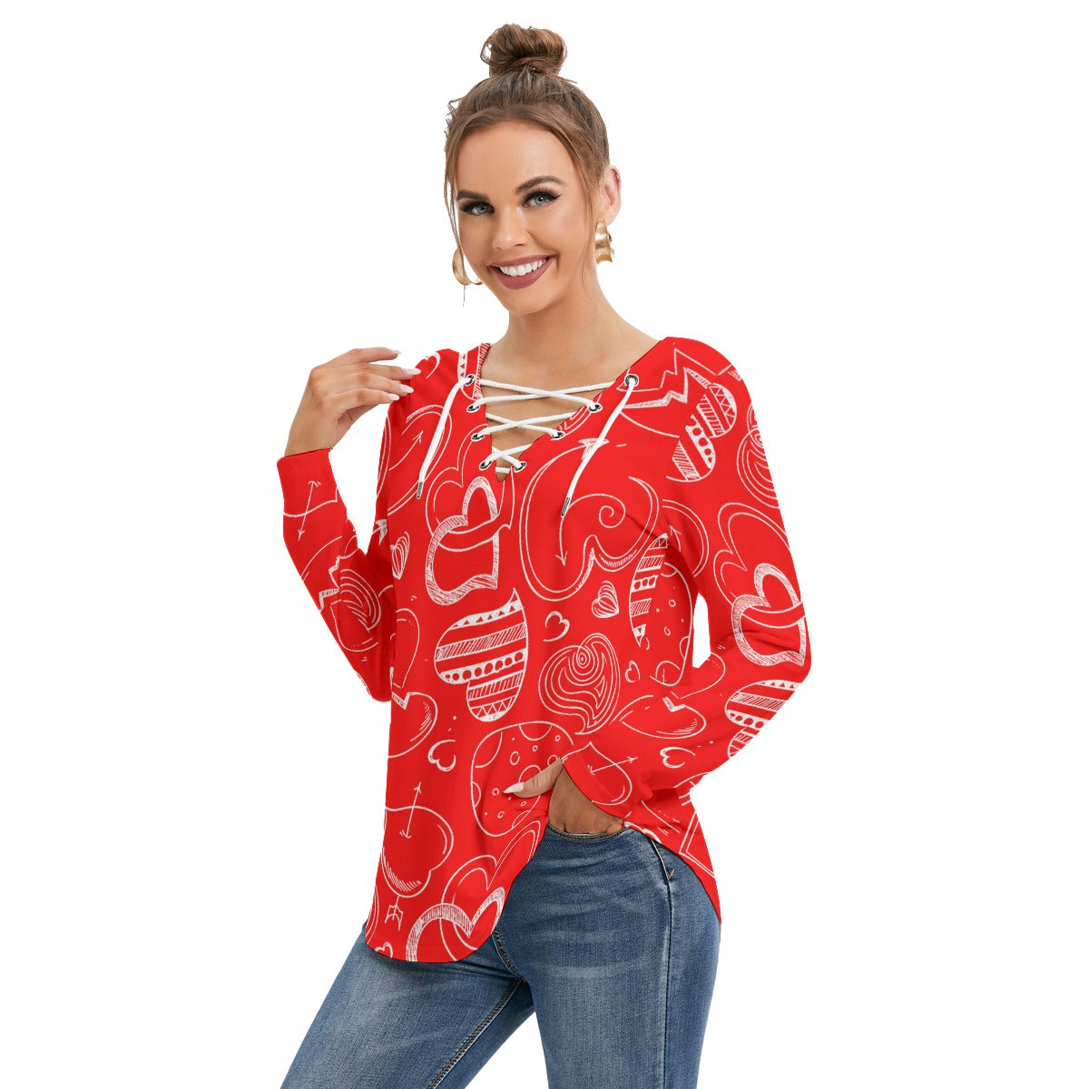 Red With White Doodle Hearts Women's Long Sleeve Neckline Tie Sweatshirt