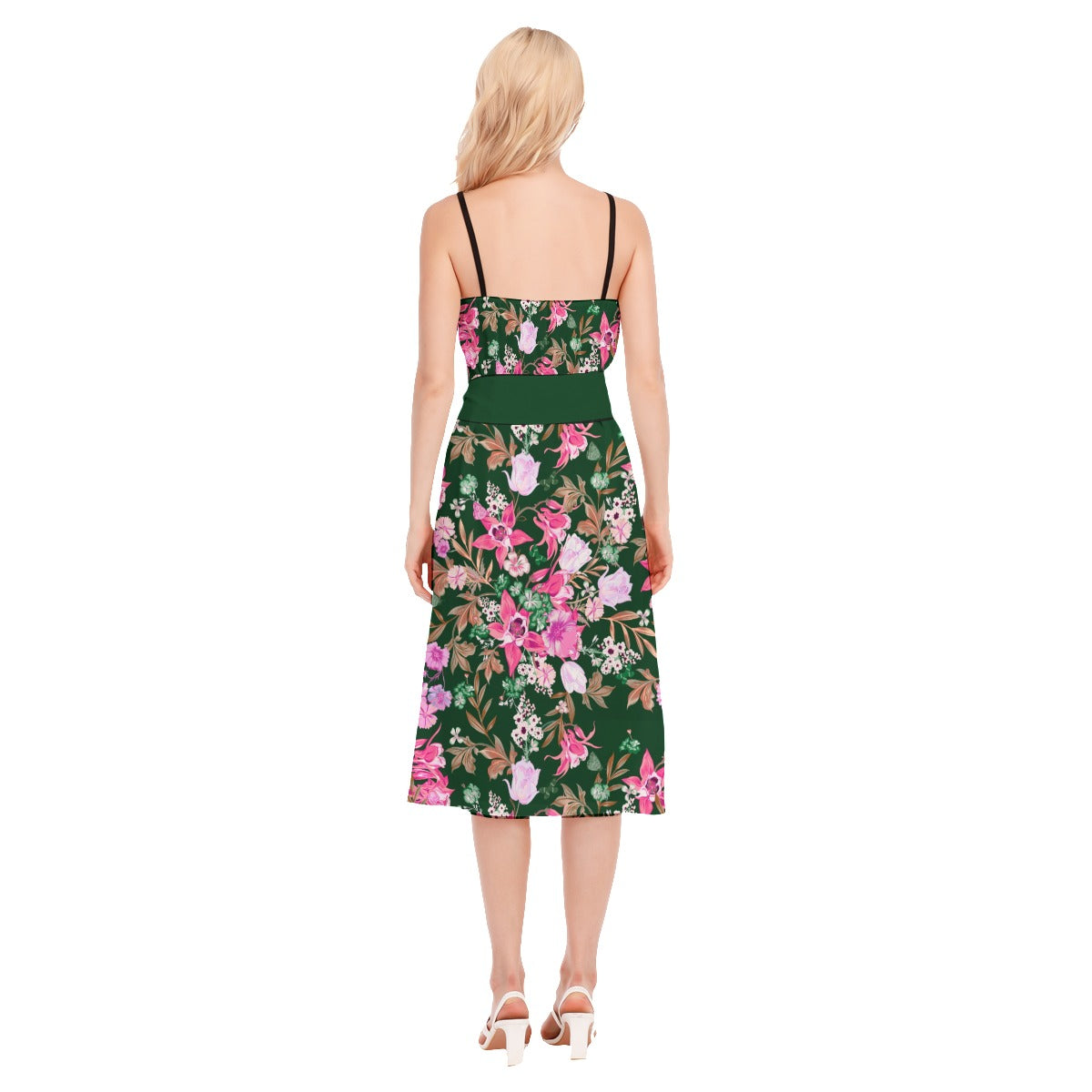 Watercolor Flowers Women's V-neck Cami Dress With Waist Band