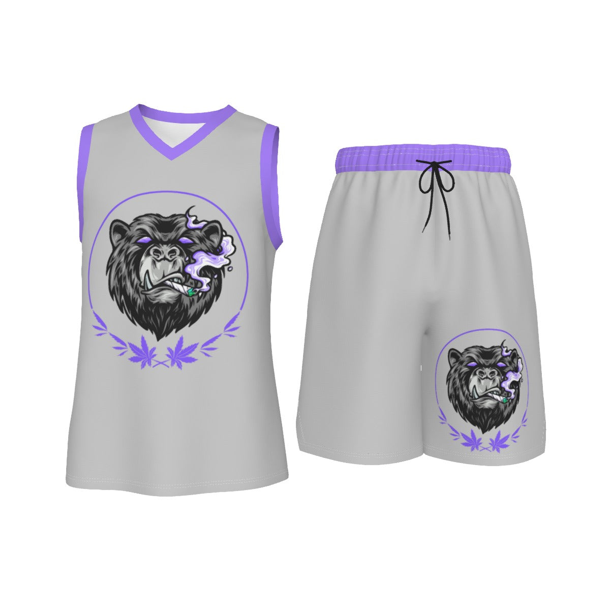 Stoners Only Grey & Purple Smoking Bear Men's V Neck Basketball Suit