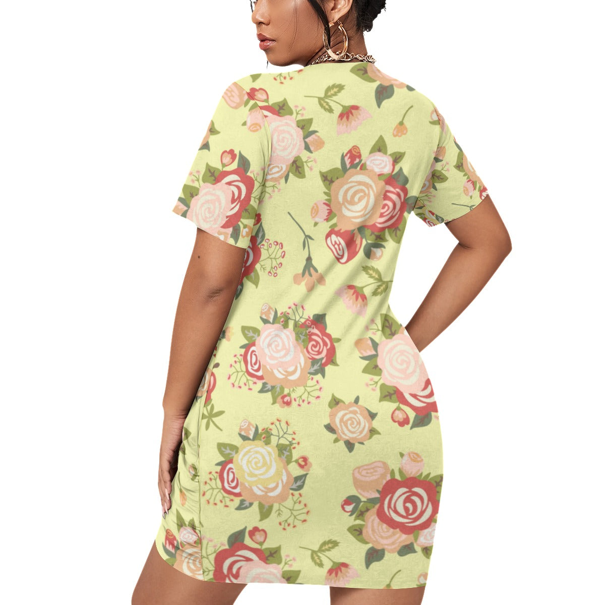 Cute Roses Women’s Stacked Hem Dress With Short Sleeve （Plus Size）