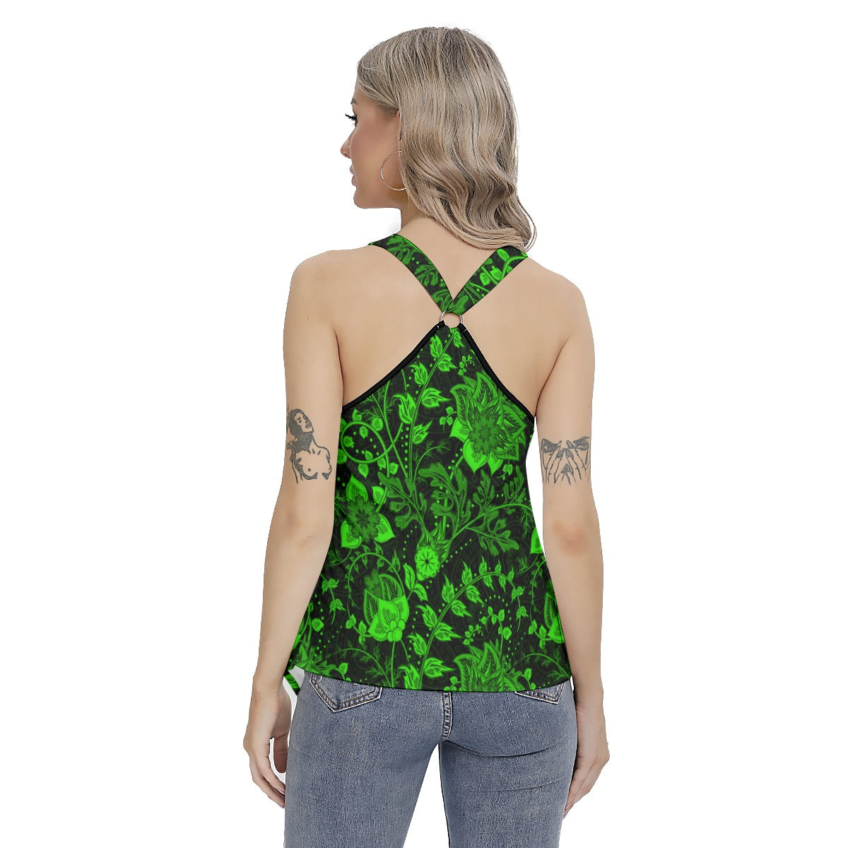 Elegant Black With Green Flowers Women's Skinny Sport Tank Top