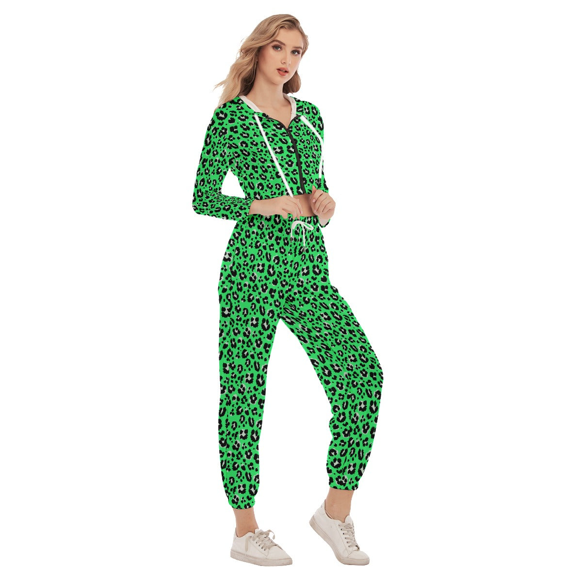 Bellafontes Green & Black Animal Print Women's Crop Hoodie Sports Sets