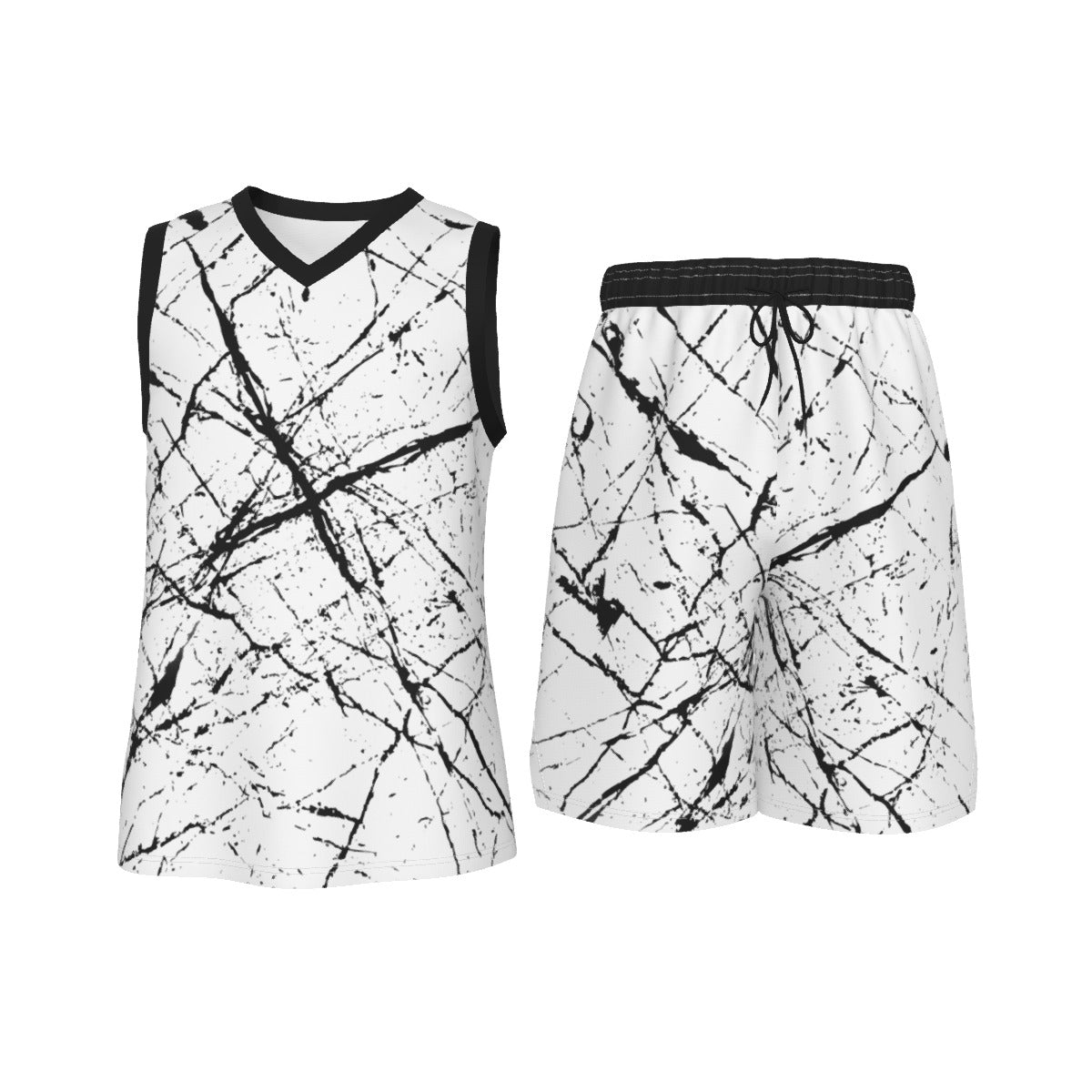 White & Black Splatter Spots Men's V Neck Basketball Suit