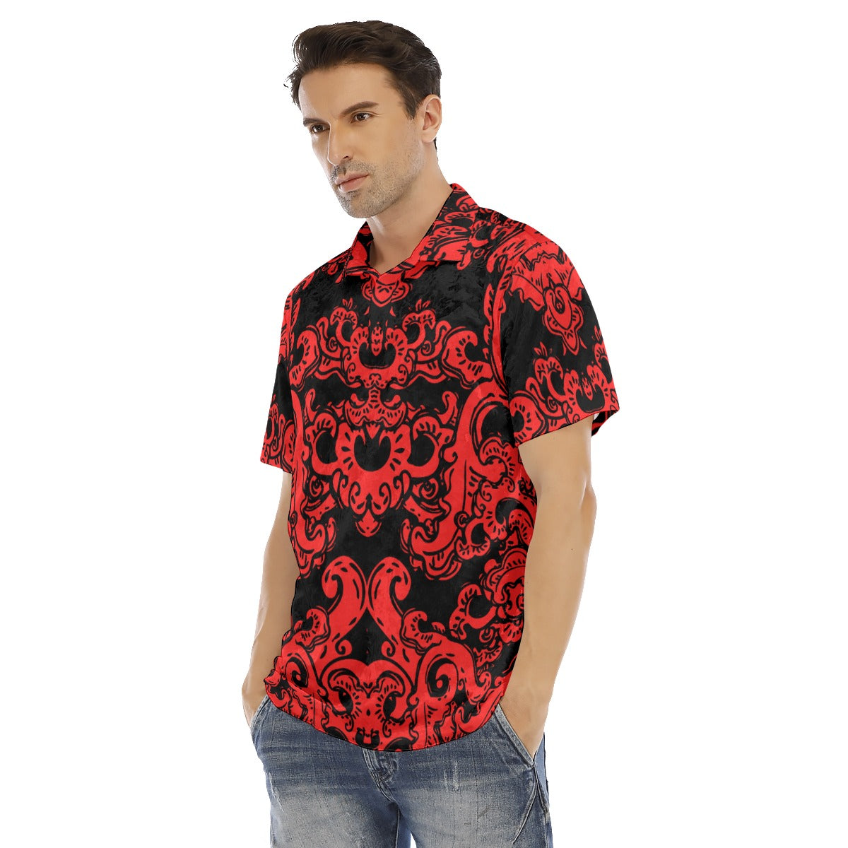 Red & Black Baroque Pattern Men's Polo Shirt | Velvet