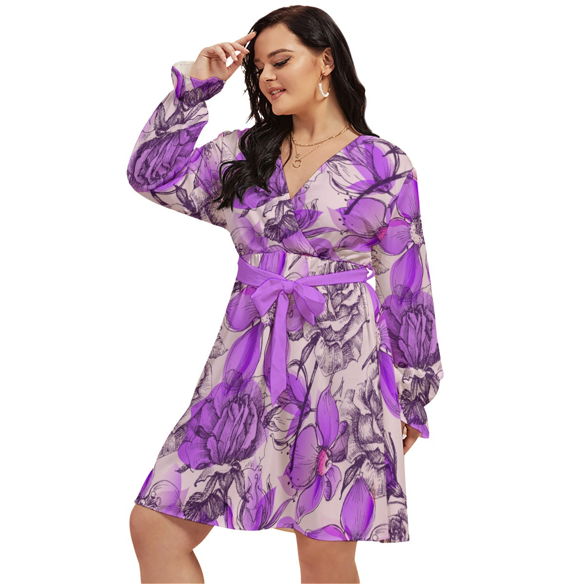 Retro Style Purple Roses Women's V-neck Dress With Waistband (Plus Size)