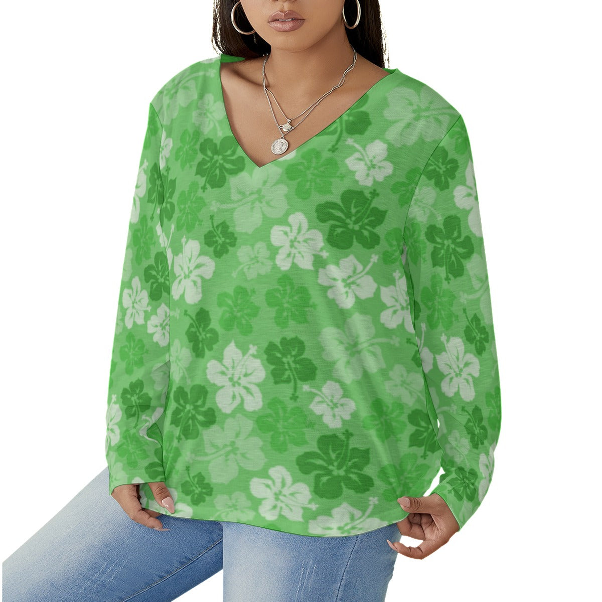 Women's Tropical Hawaiian Hibiscus Flowers V-neck T-shirt With Curved Hem(Plus Size)