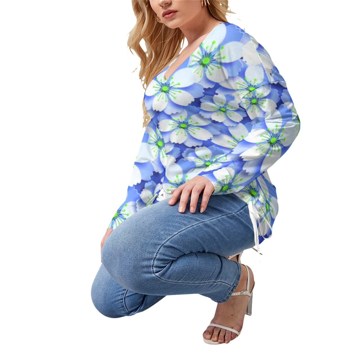 Blue With White Cherry Blossoms Women’s V-neck T-shirt With Side Drawstring(Plus Size)