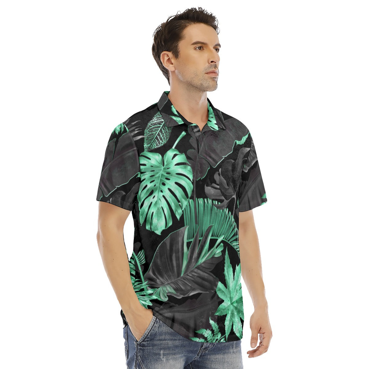 Green & Black Tropical Leaves Men's Polo Shirt | Velvet