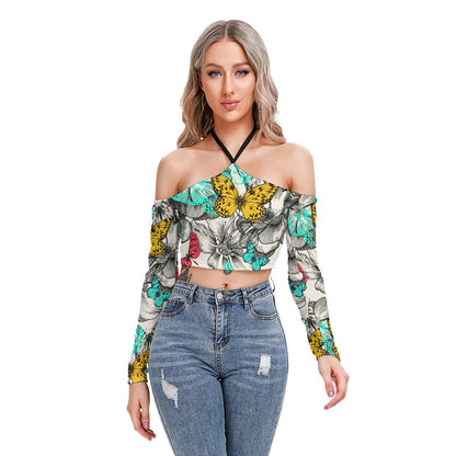 Blooming Roses & Colorful Butterflies Women's Halter Lace-up Top