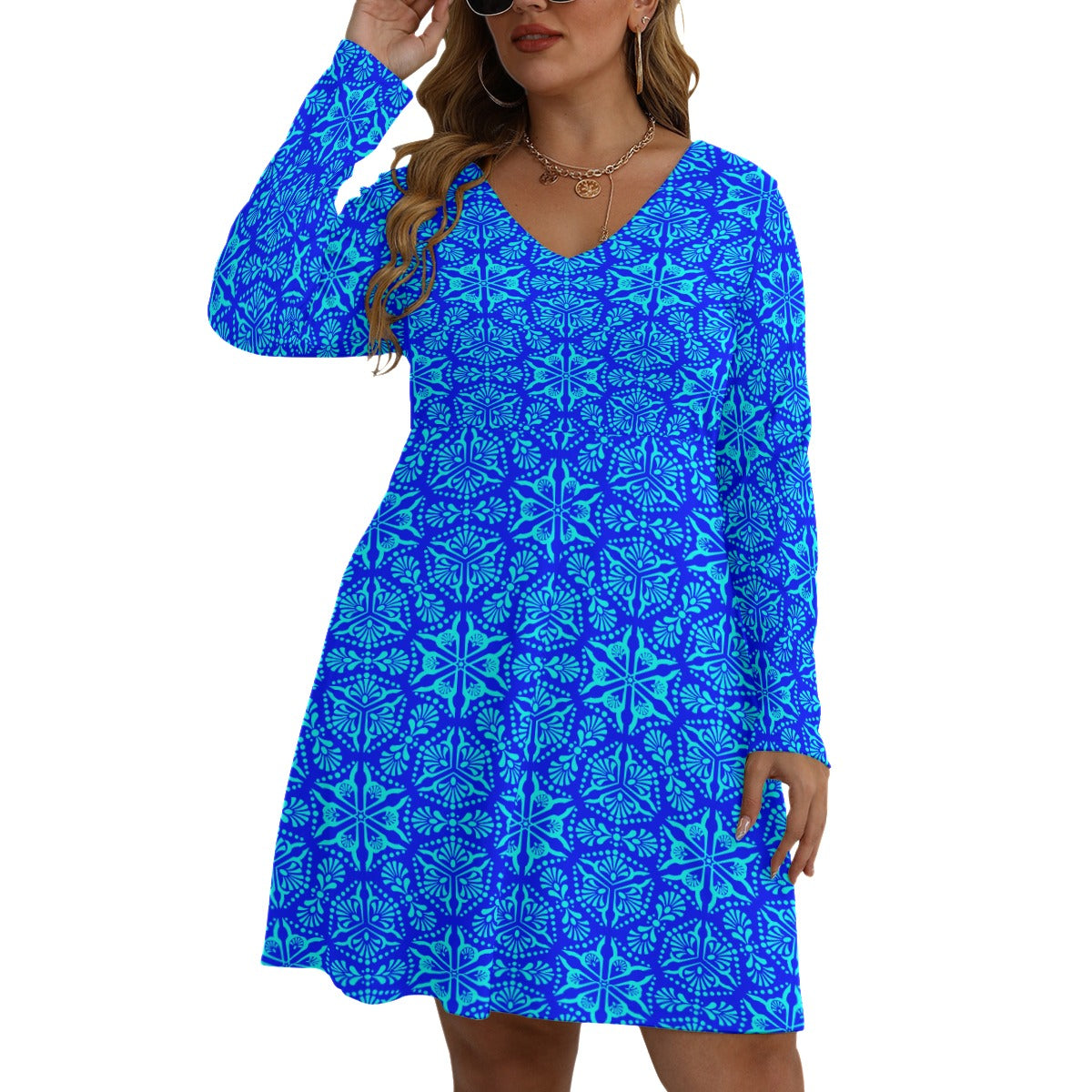 Royalty Made Blue & Teal Women's V-neck Long Sleeve Dress (Plus Size)