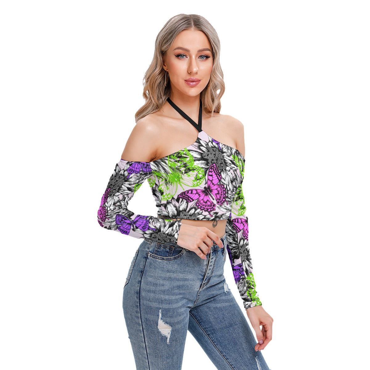 Blooming Roses & Colorful Butterflies Women's Halter Lace-up Top