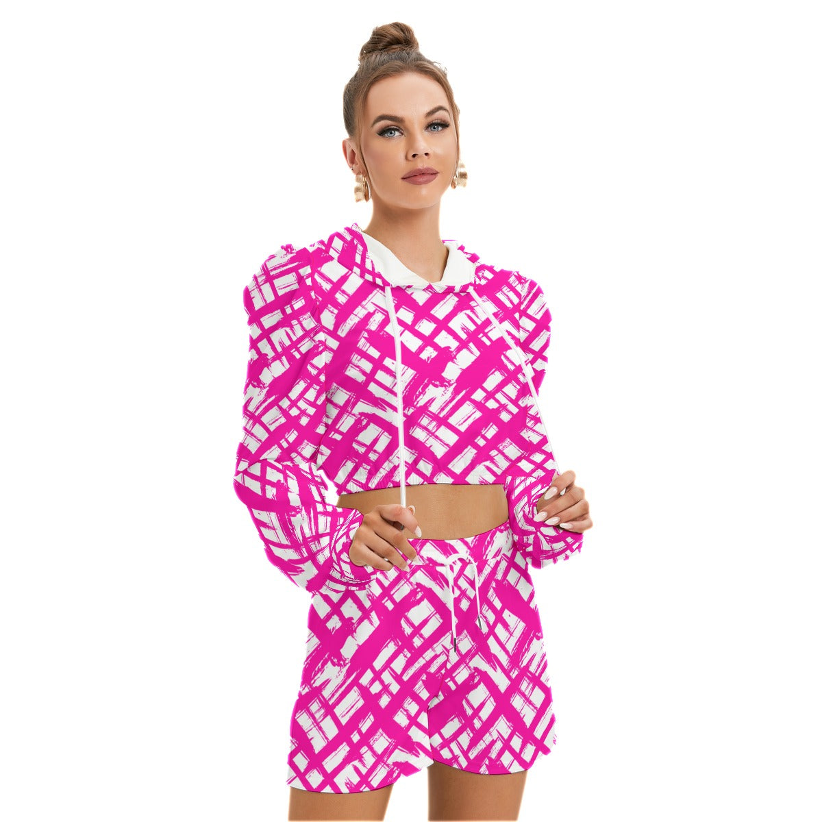 Pink Stripes & Crosses Women's Mirco Fleece Hoodie And Shorts Set