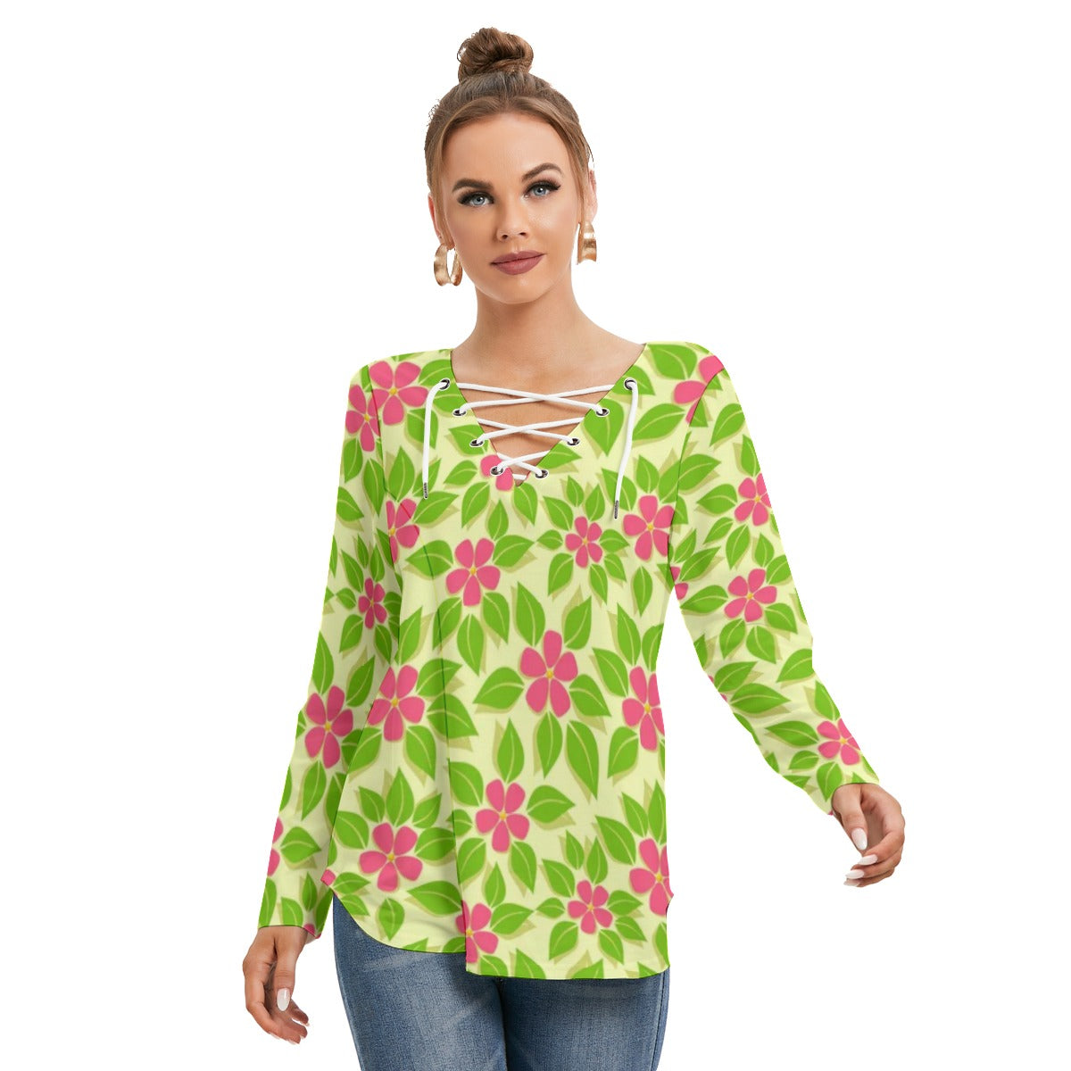 Tropical Flowers Women's Long Sleeve Neckline Tie Sweatshirt