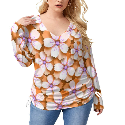 Orange With White Cherry Blossoms Women’s V-neck T-shirt With Side Drawstring(Plus Size)