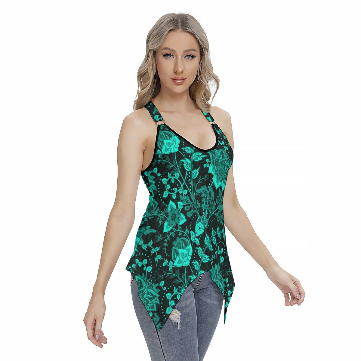 Elegant Black With Teal Flowers Women's Skinny Sport Tank Top