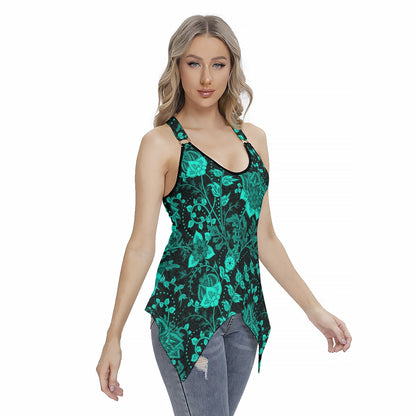 Elegant Black With Teal Flowers Women's Skinny Sport Tank Top