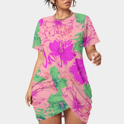 Women’s Tropical Summer Stacked Hem Dress With Short Sleeve（Plus Size)