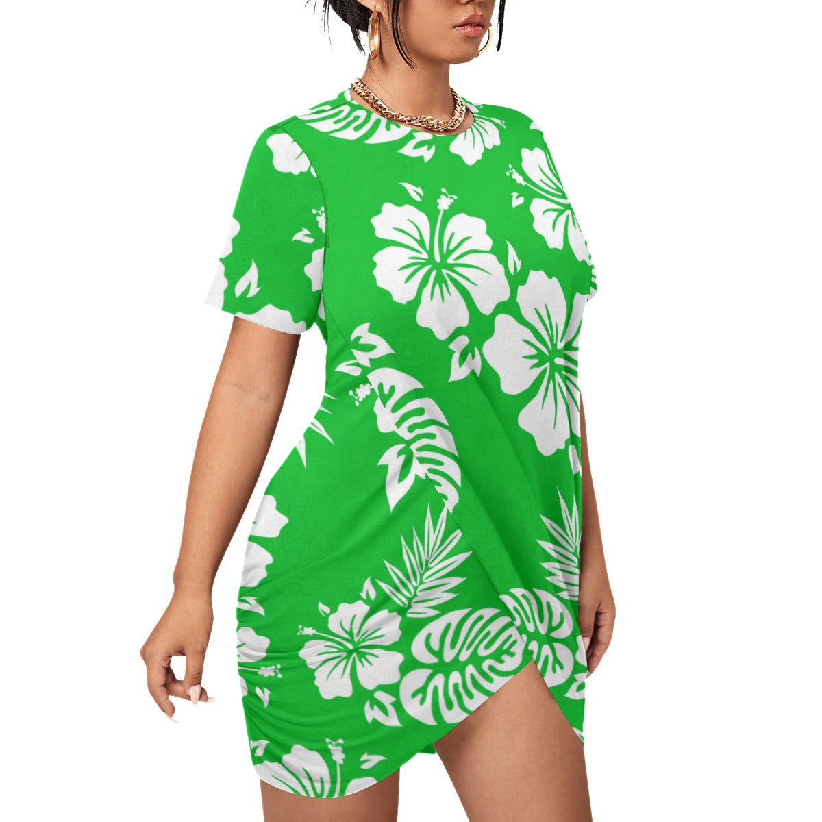 Green Aloha Women’s Stacked Hem Dress With Short Sleeve （Plus Size）