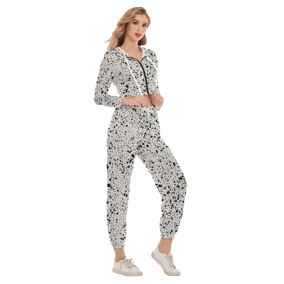 White With Black Ink Splashes & Blots Women's Crop Hoodie Sports Sets