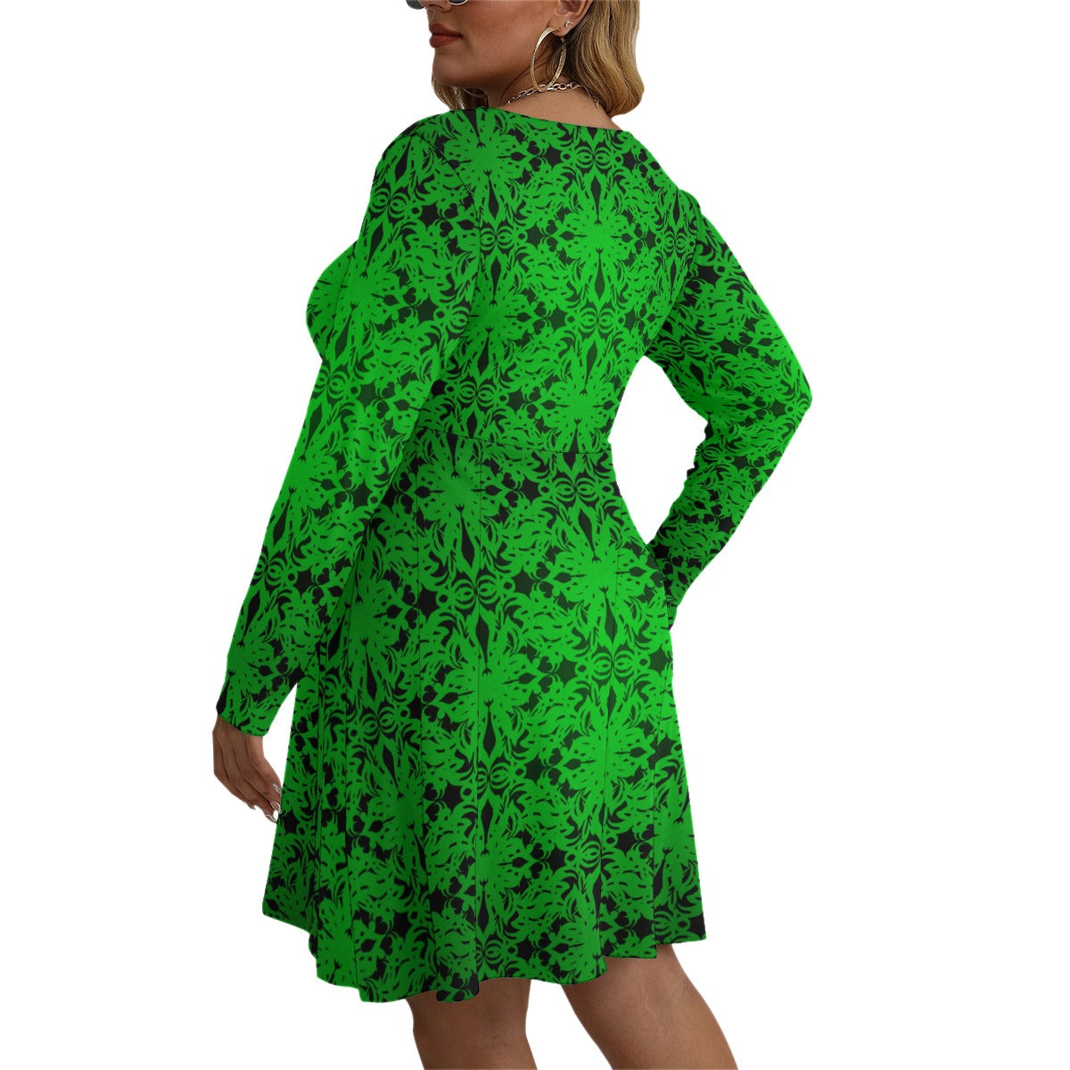 Royalty Made Green & Black Women's V-neck Long Sleeve Dress (Plus Size)