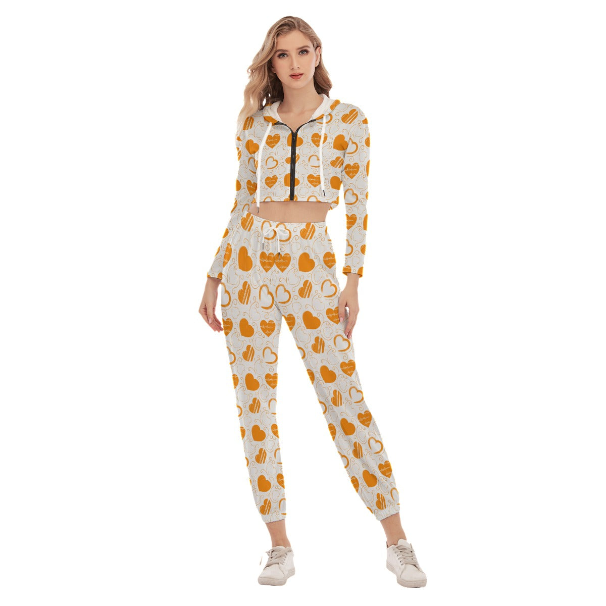 Cute Orange Hearts Women's Crop Hoodie Sports Sets