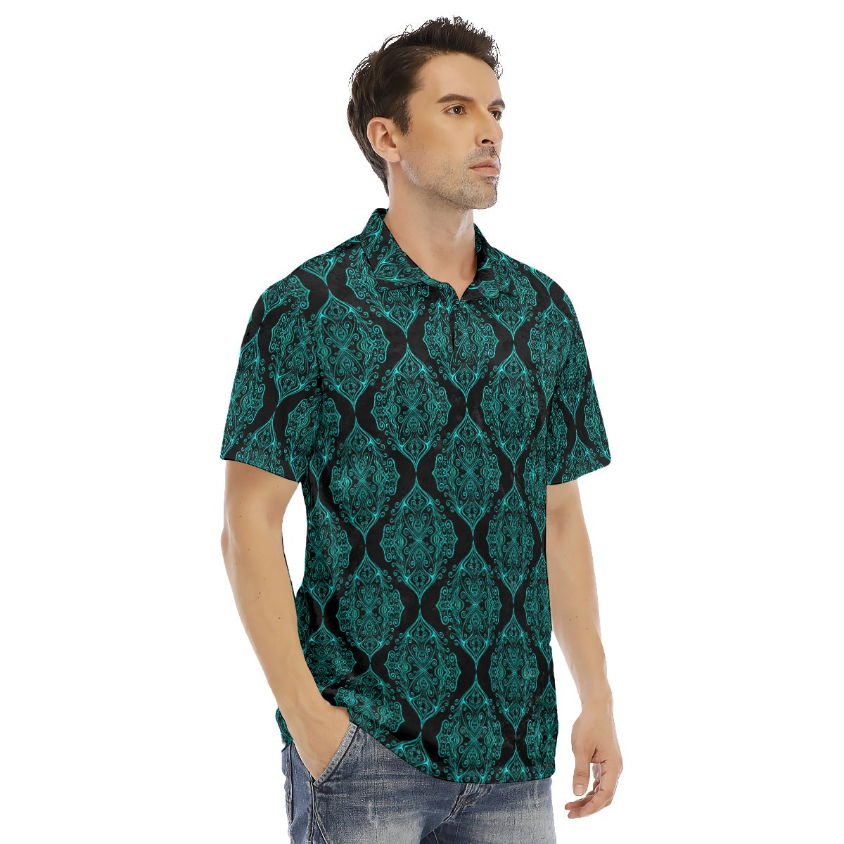 Ottoman Ethnic Black & Teal Men's Polo Shirt | Velvet