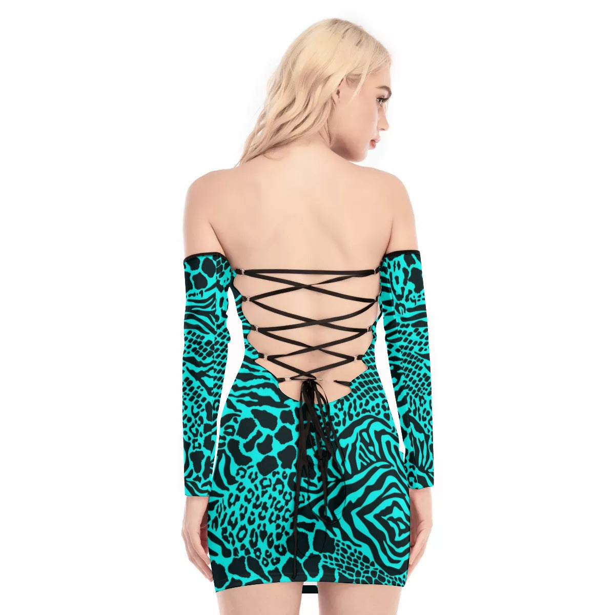 Teal Bellafonte Animal Print Off-shoulder Back Lace-up Dress