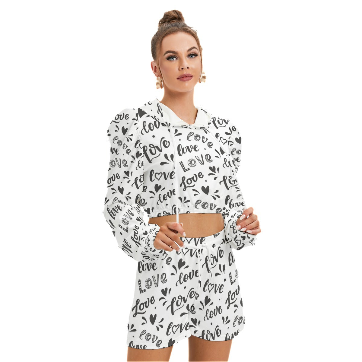 Love Pattern Women's Mirco Fleece Hoodie And Shorts Set