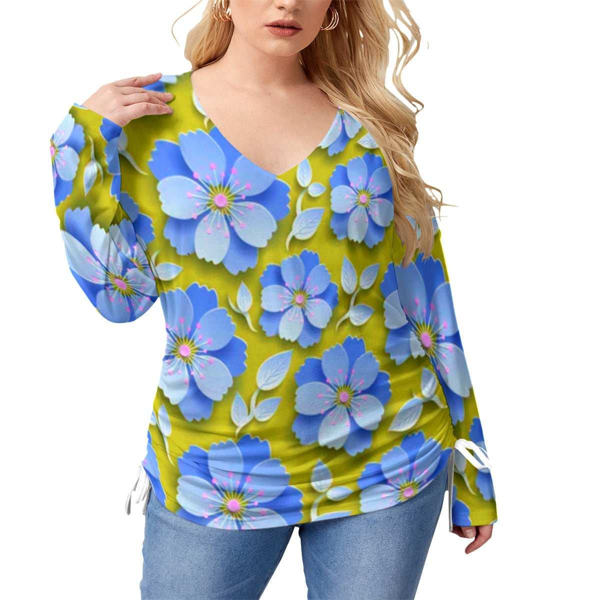 Yellow With Blue Cherry Blossoms Women’s V-neck T-shirt With Side Drawstring(Plus Size)