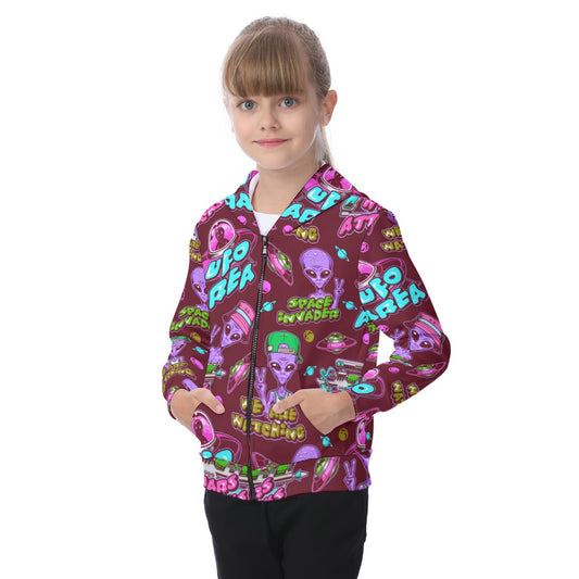 Kid's Space Invaders Zip-up Hoodie With Patch Pocket