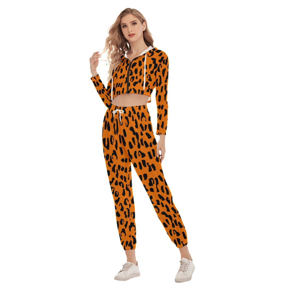 Bellafontes Orange & Black Animal Print Women's Crop Hoodie Sports Sets