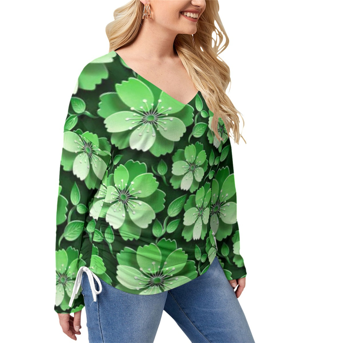 Black With Green Cherry Blossoms Women’s V-neck T-shirt With Side Drawstring(Plus Size)